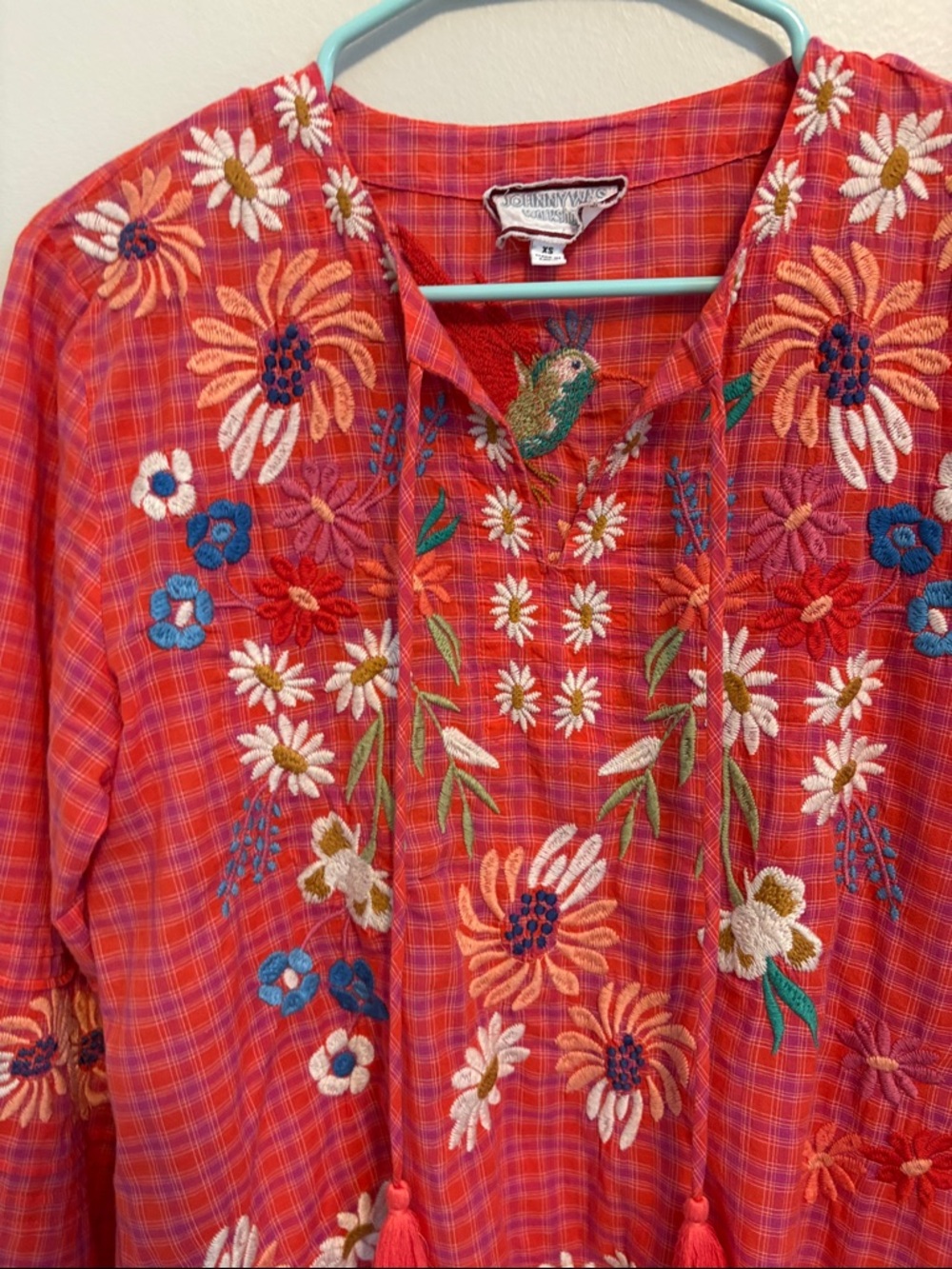 Johnny Was Workshop Red and Purple Plaid Embroidered Floral Peasant Blouse - Picture 5 of 10